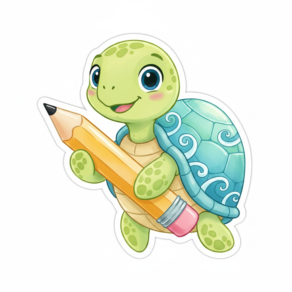 Cartoon turtle sticker holding a pencil